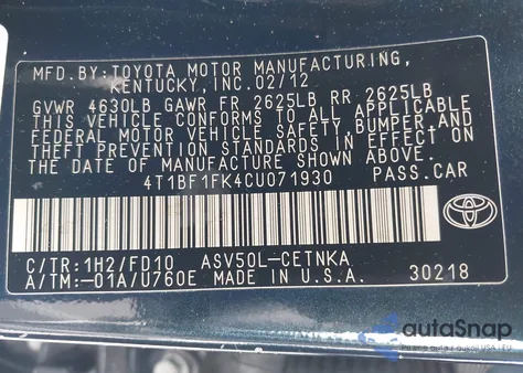 2012 Toyota Camry Le from USA, damaged, VIN 4T1BF1FK4CU071930